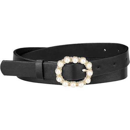Dam bälte med pärlor i midjan, justerbart smalt läderbälte med spänne för jeans, klänningar och byxor, svart