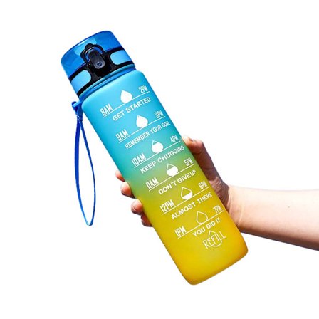 Drikkevandsflaske med tider til at drikke og sugerør, motiverende med bærestrop