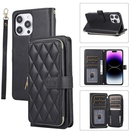 Crossbody dragkedja case kompatibel med Iphone 15 Pro Max, Pu läder stötsäkert cover med korthållare och rem Black For iPhone 15 Pro Max