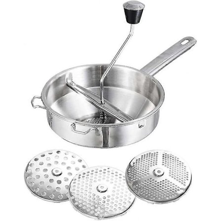 Flotte Lotte ruostumattomasta teräksestä valmistettu pyörivä ruokamylly ja keittiötyökalu, jossa on 3 jauhinlevyä, ihanteellinen vihannesten, 