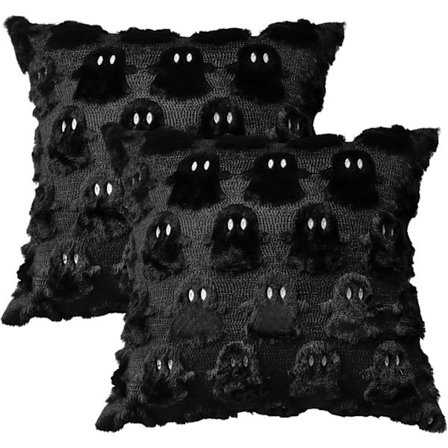 2 stk. Myke Plysj Faux Fur Rosa Spøkelse Halloween Putetrekk, 45x45 cm Høst Plysj Dekorativt Putetrekk (svart)