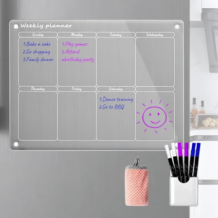 Akryl Magnetisk Ugekalender til Køleskab, Inkluderer 6 Whiteboardtusser med 3 Farver/Magnetisk Penholder/Håndklæde (16"x 12")