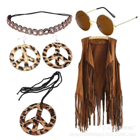 QD- "Hippies Fredshalsbånd I 60'er Party Kostume Øreringe Hovedtørklæde Leopardtryk Tilbehør Retro Hårbånd Briller-Yvan " A2 A2 L