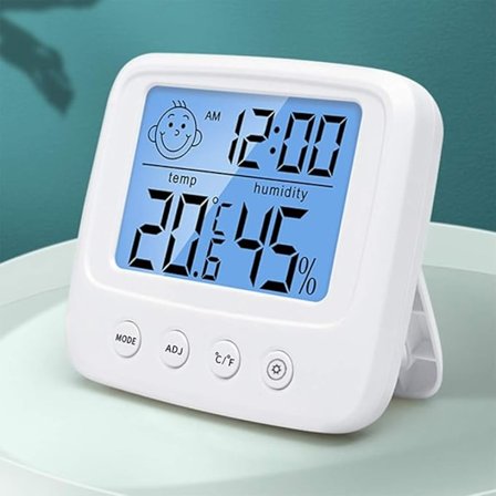 Digital hygrometer inomhustermometer rumstermometer och fuktighetsmätare med temperatur- och fuktighetsövervakare, bakgrundsbelysning, klocka °C/°F-