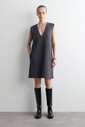 COS Women's Boiled Wool V-Neck Mini Dress in Grey