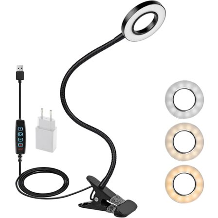 360° Fleksibel LED-klipslampe - 3 moduser og 10 dimmenivåer - For senger, soverom, kontorer - 12W - Med CE-adapter - Svart