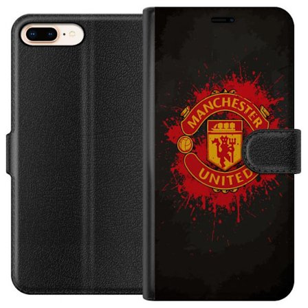 Yhteensopiva Lompakkokotelo Apple Apple iPhone 8 Plus Manchester United logo punaisella ja keltaisella värillä, raikas urheilullinen tausta