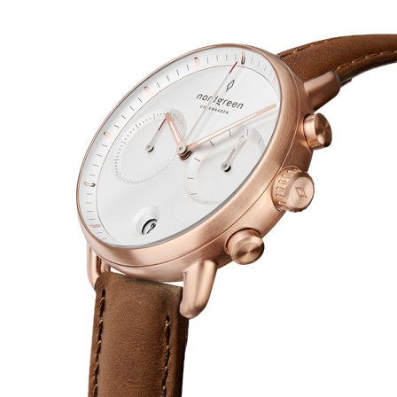 Nordgreen Men's Minimalistist Large Wrist Watch Watch - Rose Gold Case - White Dial - Brown Vegan Leather Watch Strap Pioneer White Dial Chronograph