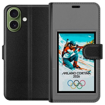 Yhteensopiva Lompakkokotelo Apple iPhone 17 Retrojuliste Cortina Milano 2026 vuorilla, talviurheilijoilla, italiankoloreilla, Milanon tuomiokirkolla j