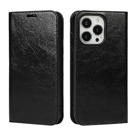 Ekte Lær Folio Flip Lommebok Deksel med Støtte for iPhone 13 Pro 6.1 tommer - Svart