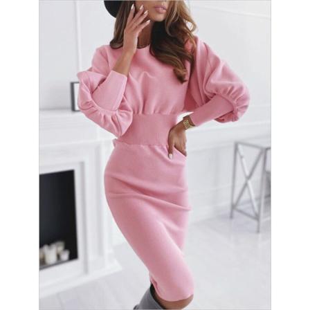 O-halsad Långärmad Pennklänning Dam Vinter Svart Rosa Bodycon