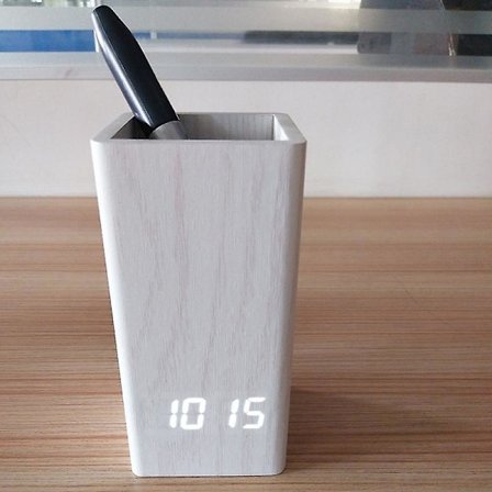 Digital pennhållare - Trä skrivbordsklocka pennhållare - Kontor digital klocka pennhållare - Multifunktionell skrivbord pennhållare med klocka - USB-