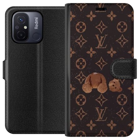 Kompatibel Tegnebogsetui til Xiaomi Xiaomi Redmi 12C Luksuriøst monogrammønster med knust bamse i mørk modeæstetik