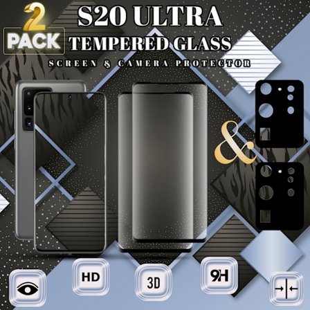 2-Pack SAMSUNG S20 ULTRA Näytönsuoja & 2-Pack linssinsuoja - Karkaistu Lasi 9H - Super laatu 3D