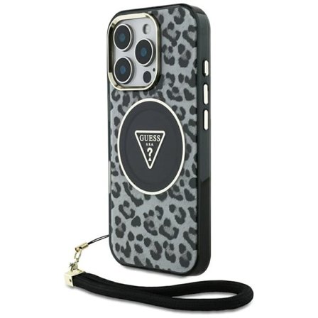 Guess HC IML Leopard Triangle MagSafe-etui med trekantet ledningsstropp for iPhone 16 Pro - svart