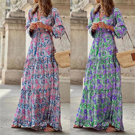Autumn Woman Lace Up Print Dress Fashion Puff Sleeve Stand Coll