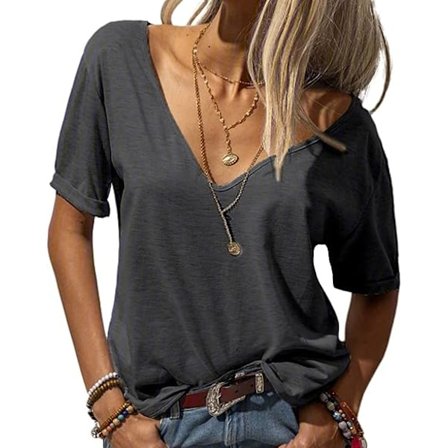 Dame Mode Dyb V-Hals Kortærmet Top Afslappet Løs T-Shirt (Grå, L)