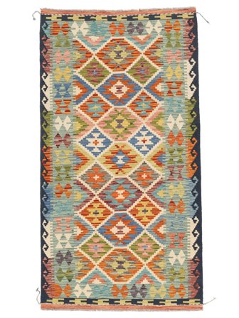Orientalischer Kelim Afghan Old Stil Teppich 104X197 Grün/Schwarz Wolle, Afghanistan