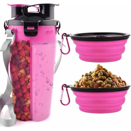 Vattenflaska för hund med 2 hopfällbara skålar, bärbar 2-i-1-vattenflaska, hund- och kattmatskål