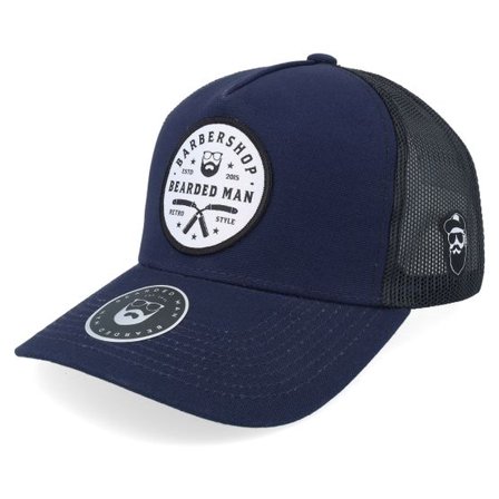 Bearded Man - Blå trucker Keps - Barber Shop Retro Style Canvas Navy/Black A-frame Trucker @ Hatstore