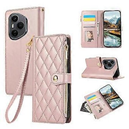 Yhteensopiva Honor 400 Pro 5G (Globaali) Kotelo Monikorttipaikat Vetoketju Ruutu Nahkainen Puhelinkotelo Rannehihnalla (PinkkiKulta)