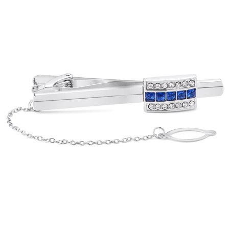 Novelle | Silver-Tone Tie Bar with Blue & Clear Zirconia for Men