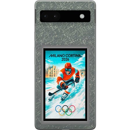 Yhteensopiva Puhelinkuori Google Pixel 6a Curlingkuvitus pelaajilla ja kivillä jäällä, Milano Cortina 2026, lumisia roiskeita ja olympiasormukset