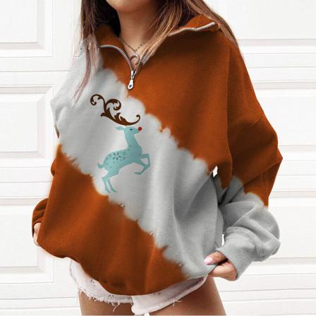 Kvinnor Print T-shirt Dragkedja Color Block Christmas Sweatshirt