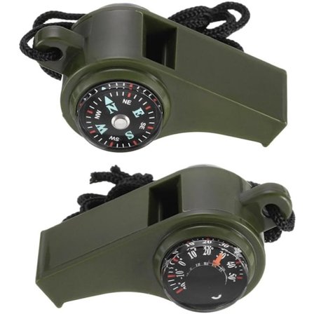 Todelt nødfløytestropp (med snor) - 3-i-1 nødfløyte med kompass og termometer - overlevelsesfløyte