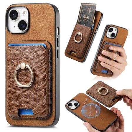 Etui til iPhone 14 Plus, brunt magnetisk kortholder, enkelt skinn, anti-fall