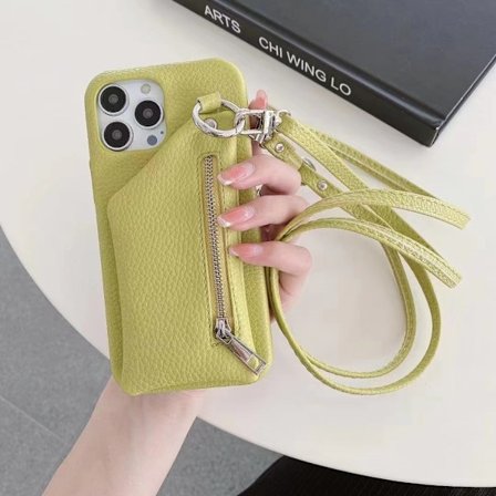 Etui til iPhone 16, grønn glidelås kortholder justerings tau solid litchi mønster anti fall