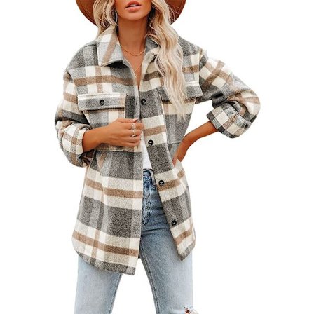 Womens Casual Plaid Shacket Lapel Button Down Long Sleeve Wool Blend Pocket
