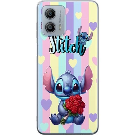 Kompatibel Mobilcover til Motorola Moto G53 Romantisk illustration af Stitch der holder røde roser mod stribet baggrund