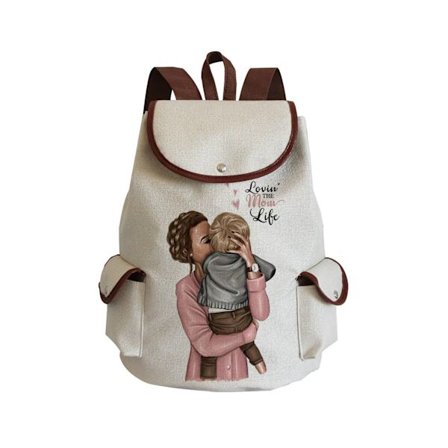 Kvinder Tegneserie Super Mor Liv Morliv Mama Moder Print Linned Rygsæk Stor Kapacitet Bærbar Preppy Stil Snøre Rygsæk~01300