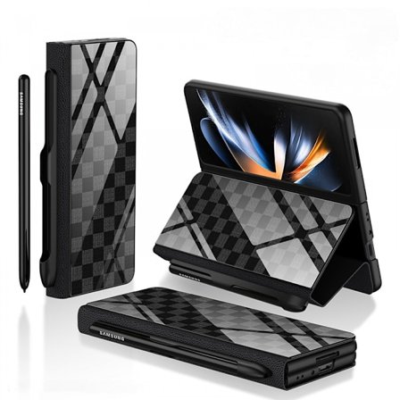 Til Samsung Galaxy Z Fold 4 Etui med S-Pen Holder Flip Plating Glas Crystal Hybrid Læder All-Inclusive Cover, med hængselbeskyttelse