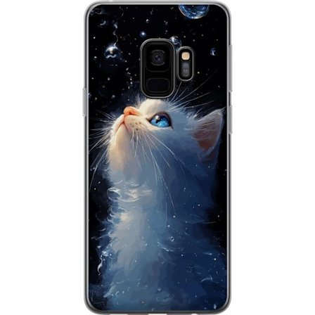 Kompatibelt Mobildeksel til Samsung Galaxy S9 Stjernekatte Drøm motiv med hvit katt som ser mot stjernehimmelen, magiskt drømmeaktig og nattlig tema