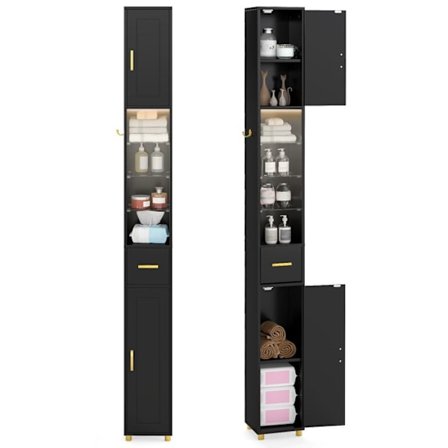 COSTWAY Kylpyhuoneen Kaappi - LED 3 Väriä, 2 Ovia, 1 Laatikkohylly, 3 Säädettävää Karkaistua Lasihyllyä Musta