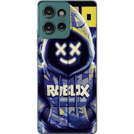 Kompatibelt Mobildeksel til Motorola Motorola Edge 50 Blågul Roblox hettegenserfigur med minimalistisk neonstil og masket ansikt, moderne spillillust