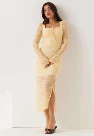 BUBBLEROOM - Square Neck Lace Dress - Light yellow