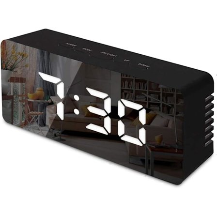 Digital spejlalarm, led sengeur med temperatur, justerbar lysstyrke-ur-sort