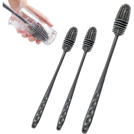 Set med 3 silikonborstar - Med långt handtag - 32 cm och 26 cm - För rengöring av flaskor, glas - Grå