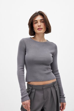 NA-KD Ribbed Knitted Round Neck Top - Strikkede toppe - Grå - XS