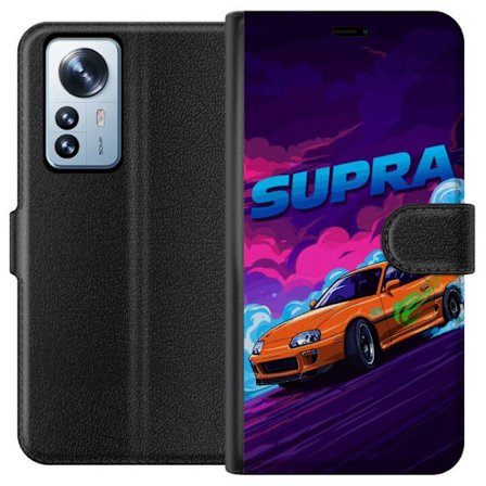 Yhteensopiva Lompakkokotelo Xiaomi 12 Pro Toyota Supra driftaamassa neonvärisellä savulla, nopeuden tunteella ja yöllisessä katukilpailuympäristössä