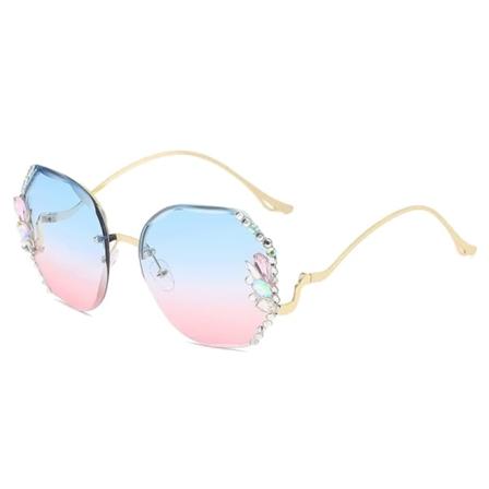 Nye Vintage Rammeløse Diamantsolbriller, Dame Overdimensjonerte Rammeløse Gradient Diamantslipte Linser UV-beskyttende Solbriller (Blå Rosa)