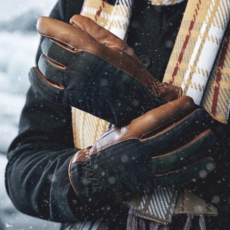 Gants en cuir et laine à carreaux brun havane pour hommes - Gants pour l'hiver