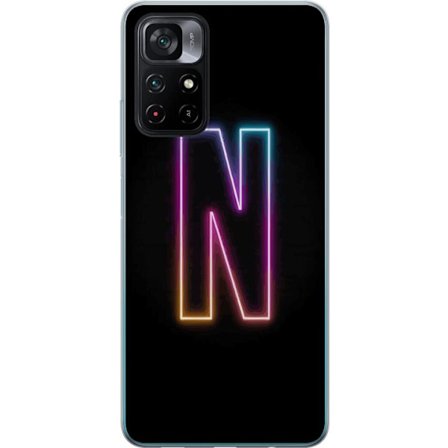 Kompatibelt Mobilskal till Xiaomi Xiaomi Poco M4 Pro 5G Minimalistisk neonbokstav N i färgskiftande ljus mot svart bakgrund