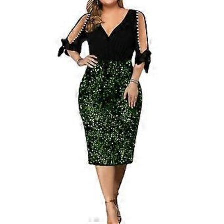 Plus Size Sekvensklänning, Bodycon, V-ringad, Kort, Kortärmad, Glittrig, Kvinna, Cocktail, Sekvenser (L grön)