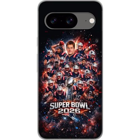 Yhteensopiva Puhelinkuori Google Pixel 8 Super Bowl 2026 juliste, jossa New England Patriots ja NFL-mestaruuspalkinto räjähtävän urheilullisessa suunn