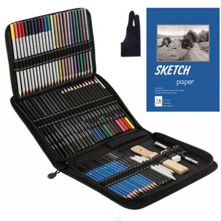 Tegnesett med kullstifter - Kunst- og håndverkssett for skissering og maling - Tegnesett for studenter, kunstnere og nybegynnere - C