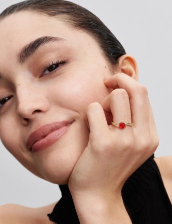 Pandora Disney Beauty And The Beast Rose 14K Gold-Plated Ring With Clear Cubic Zirconia And Red Murano Glass - Red - 58